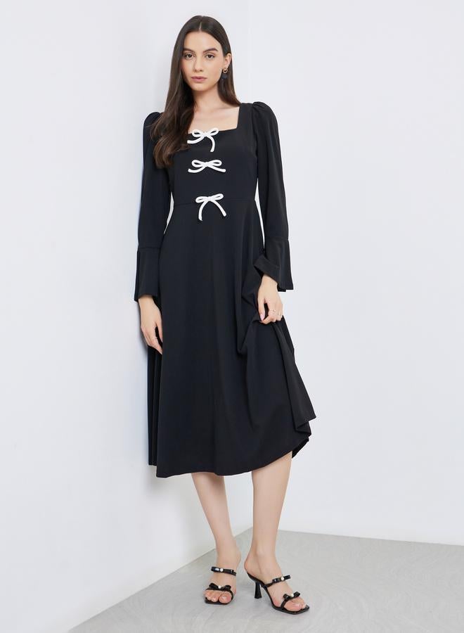 تايك تو فستان ميدي بياقة مربعة بفيونكة صلبة - Image 3