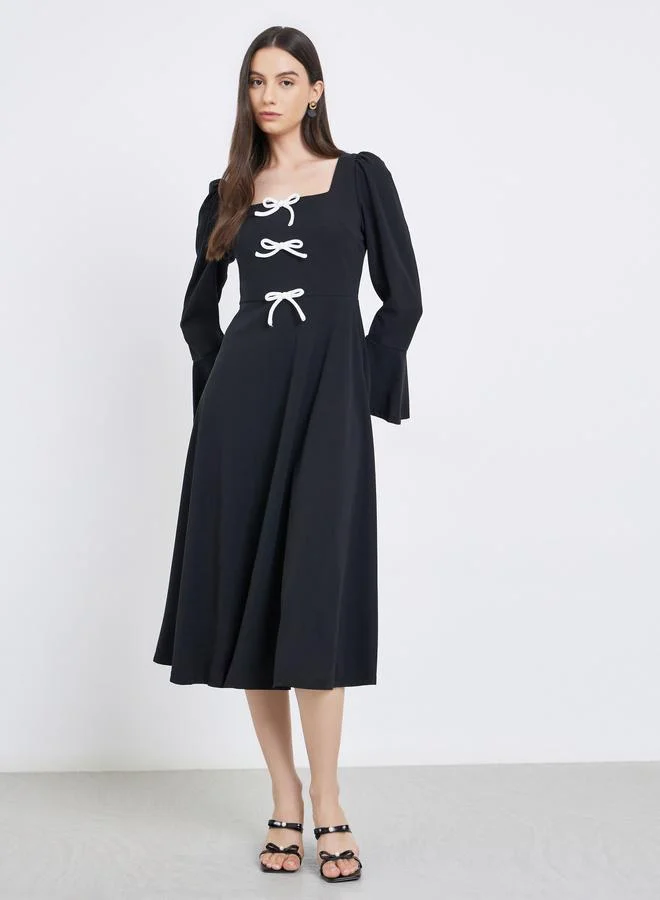 تايك تو Take Two Solid Bow Detail Square Neck Midi Dress