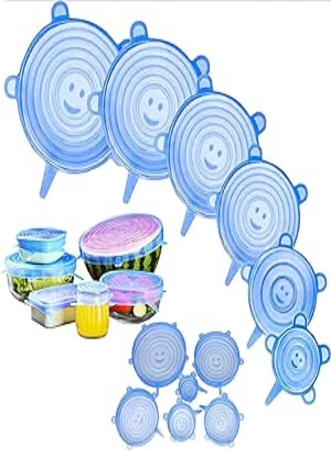 Mgufrt Silicone Stretch Lids 6-Pack, Reusable Durable Food Storage Covers for Bowl Cups Jars Fruits Vegetables, Expandable Food Covers Keeping Food Fresh Fit Various Sizes and Shapes (Blue)