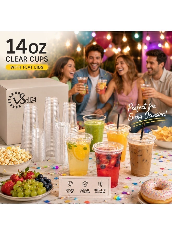 vsell24 50 PCS-14 Oz Clear Disposable Cups with Flat Lids Pack | Premium Transparent Plastic Drink Cups for Smoothies, Iced Coffee, Juice & Cold Beverages | Ideal for Catering, Cafes, Parties & Large Events - Image 2