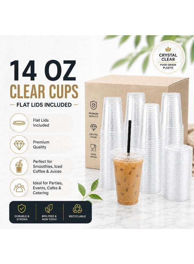 vsell24 50 PCS-14 Oz Clear Disposable Cups with Flat Lids Pack | Premium Transparent Plastic Drink Cups for Smoothies, Iced Coffee, Juice & Cold Beverages | Ideal for Catering, Cafes, Parties & Large Events - Image 5