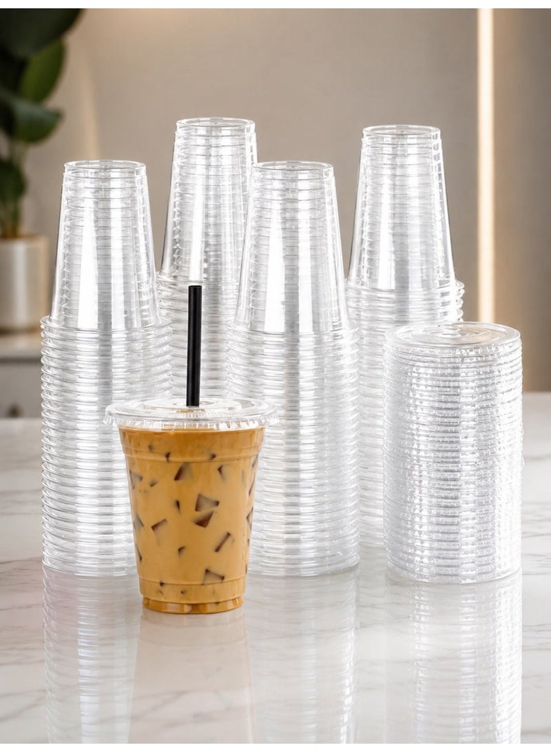 vsell24 50 PCS-14 Oz Clear Disposable Cups with Flat Lids Pack | Premium Transparent Plastic Drink Cups for Smoothies, Iced Coffee, Juice & Cold Beverages | Ideal for Catering, Cafes, Parties & Large Events - Image 1