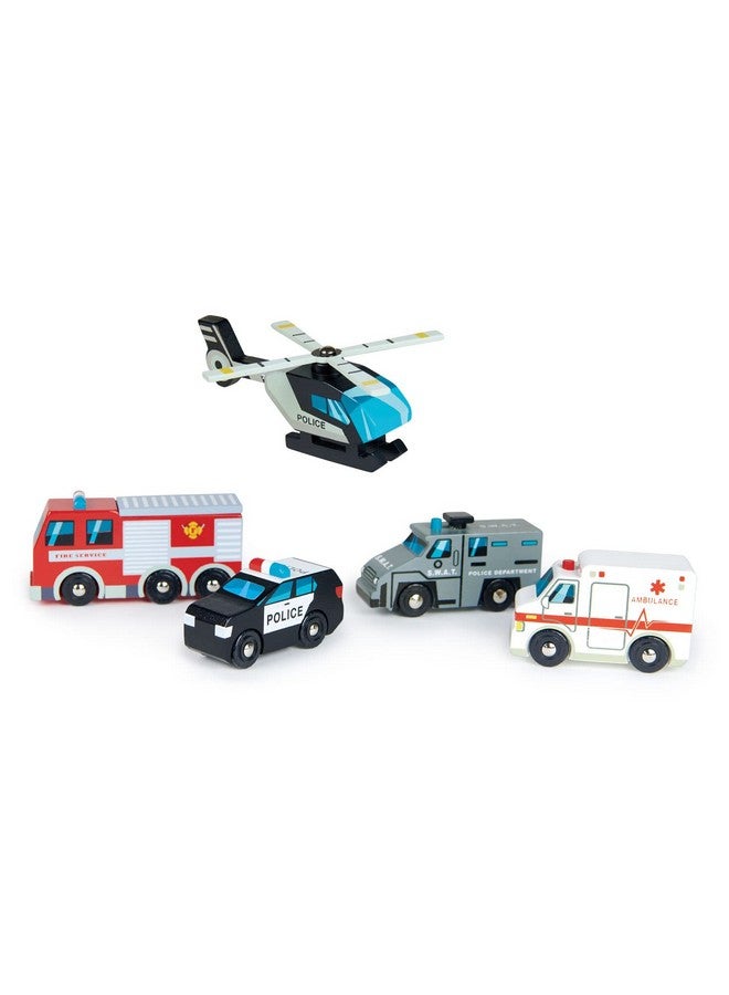 Tender Leaf Toys - Emergency Vehicles - 5 Wooden Rescue Vehicles With Moving Parts For Toddler Boys And Girls - Great Gift For Car Lovers - Educational Pretend Play Vehicles - Age 3+ - Image 1