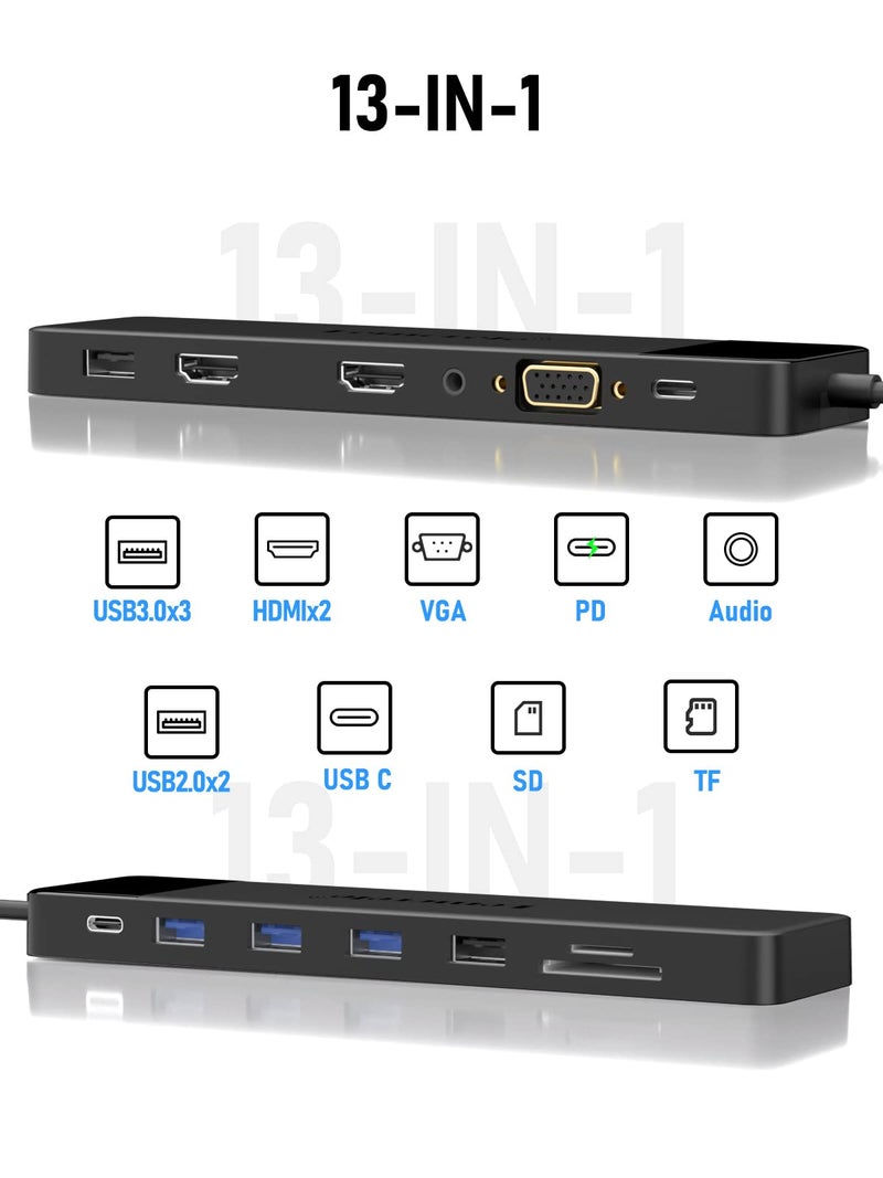 Lemorele 13-in-1 USB-C Docking Station, Dual Monitor Hub with 2 HDMI 4K, VGA, 5 USB 3.0/2.0 Ports, PD Charging, SD/TF Card Reader & 3.5mm Audio – Compatible with Lenovo, Surface, MacBook Laptops - Image 2