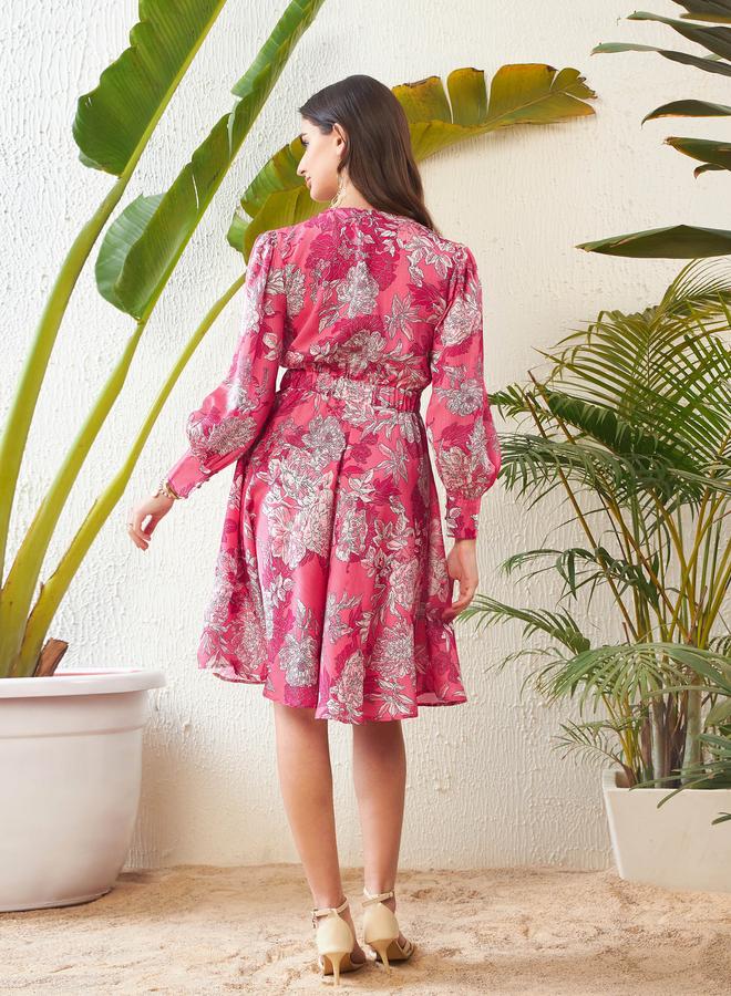 SASSAFRAS Floral Print Wrap Front Knee Length Dress - Image 4