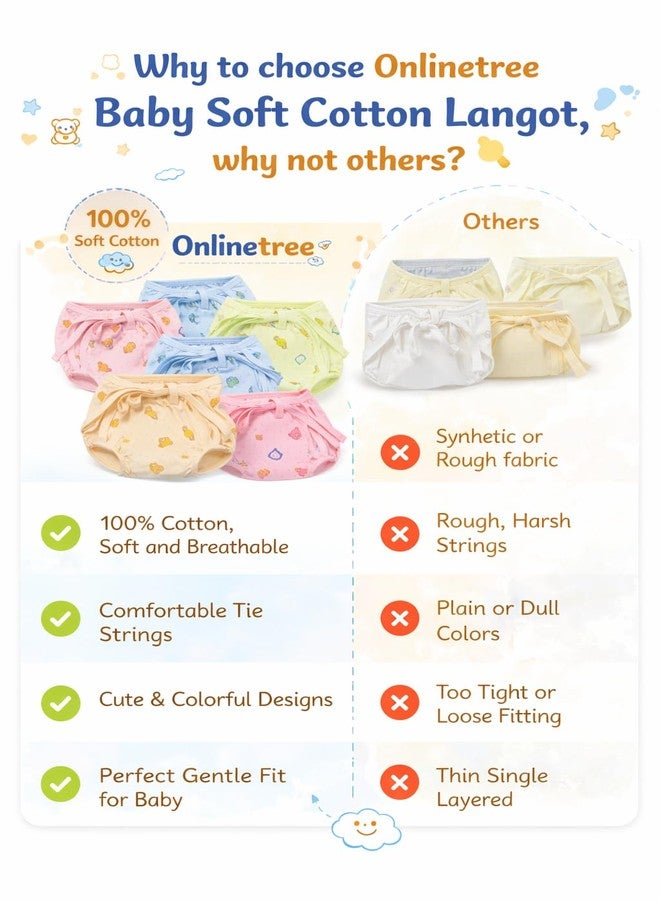 OnlineTree pack of 12 Reusable Cotton Baby Langot with Adjustable Side Ties, Soft Breathable Fabric, Cute Printed Designs, Washable Cloth Diapers, (6 designs)(0-6 months) - Image 5