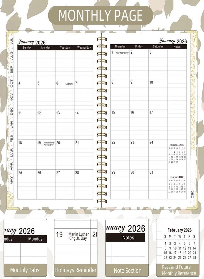 Knagsfa 2026 Monthly Planner, Jan.2026 - Dec.2026 Weekly Monthly Planner 6.25"x8.5" with Page Tabs, Calendar Hardcover with Inner Pocket, Elastic Band, Twin-Wire Binding, Bookmark,Gray Pink Leopard - Image 3