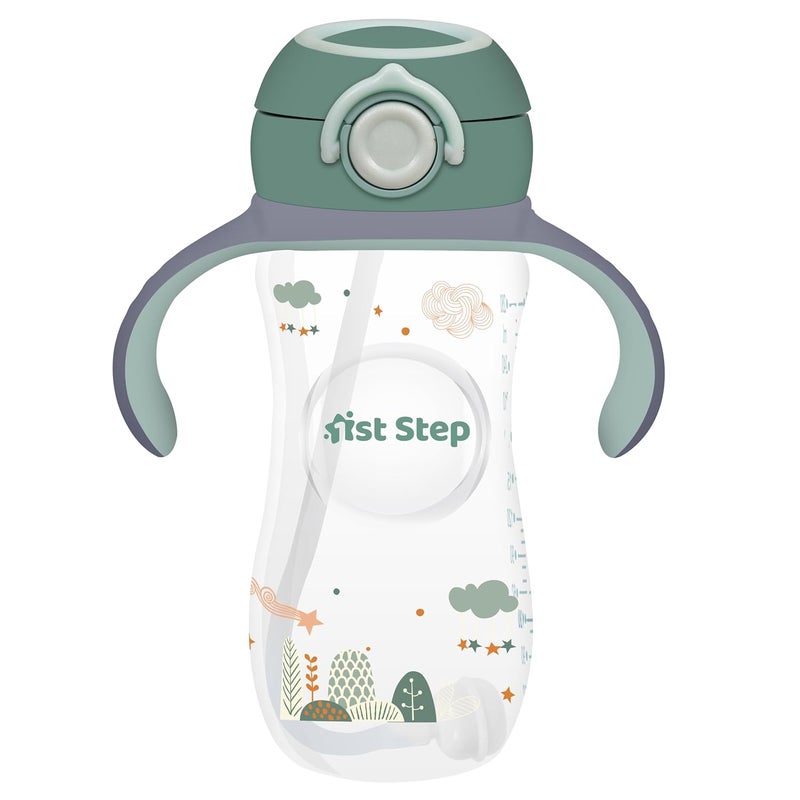 1st Step 330 ml BPA Free Anti-Spill Soft Silicone Weighted Straw Baby Sipper Cup with Twin Handle and Flip Top - Green - Image 1