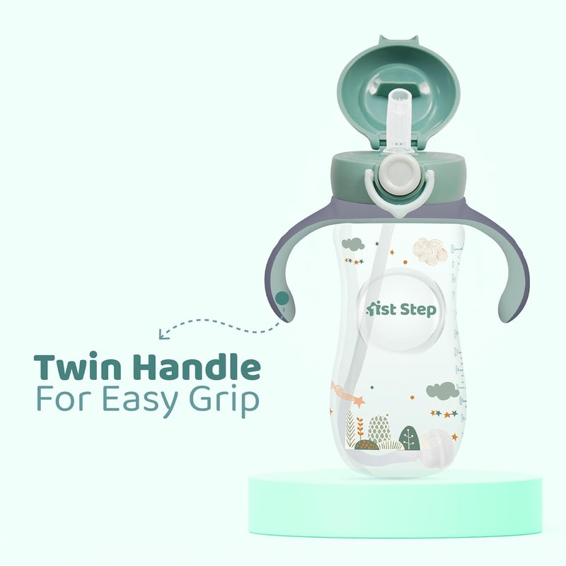 1st Step 330 ml BPA Free Anti-Spill Soft Silicone Weighted Straw Baby Sipper Cup with Twin Handle and Flip Top - Green - Image 3