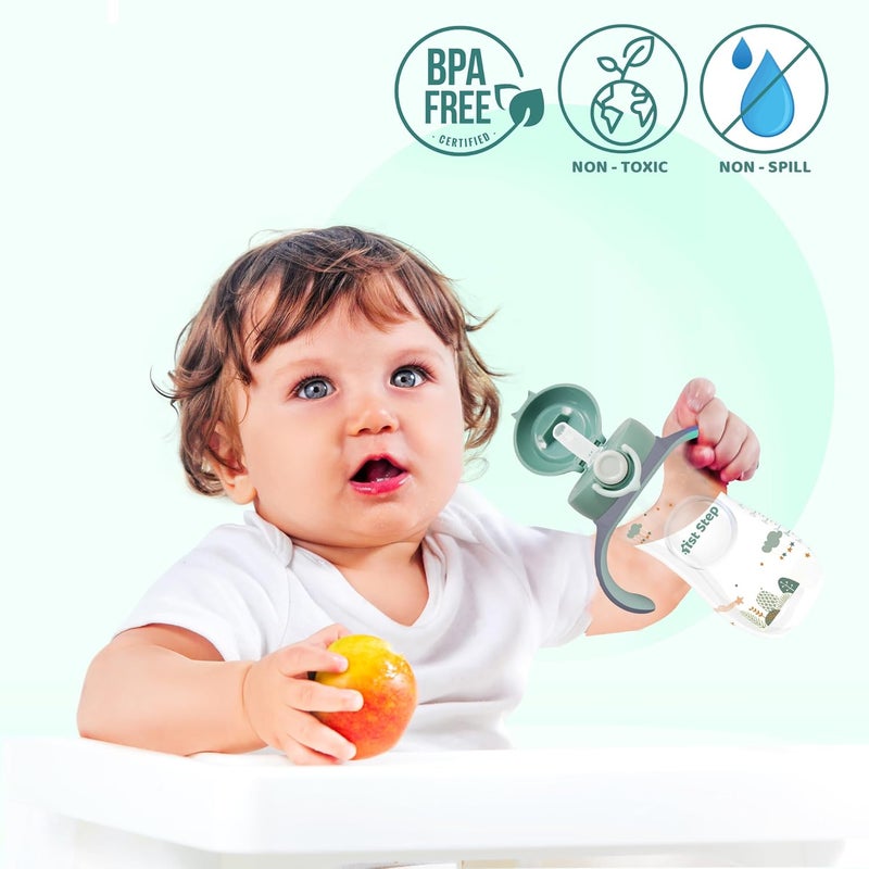 1st Step 330 ml BPA Free Anti-Spill Soft Silicone Weighted Straw Baby Sipper Cup with Twin Handle and Flip Top - Green - Image 5
