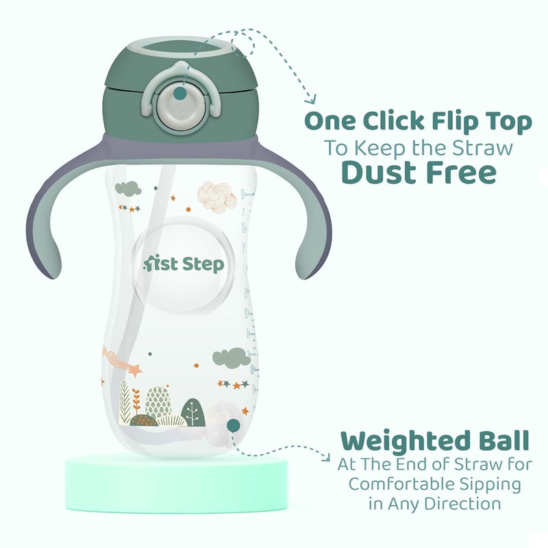 1st Step 330 ml BPA Free Anti-Spill Soft Silicone Weighted Straw Baby Sipper Cup with Twin Handle and Flip Top - Green - Image 2