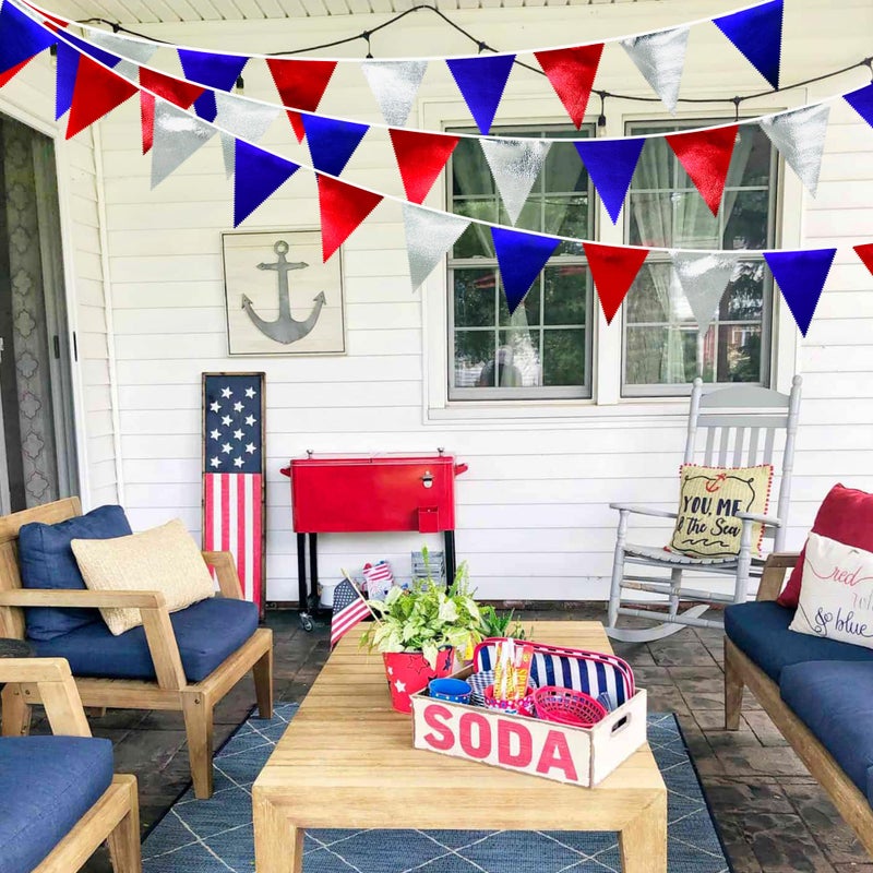 pinkblume زينة حفلات حمراء زرقاء فضية من القماش المعدني علم مثلث علم زينة للGraduations 4th of July يوم الوطني الأمريكي يوم الوطني المحاربين عيد ميلاد لوازم الحفلات الخارجية - Image 5