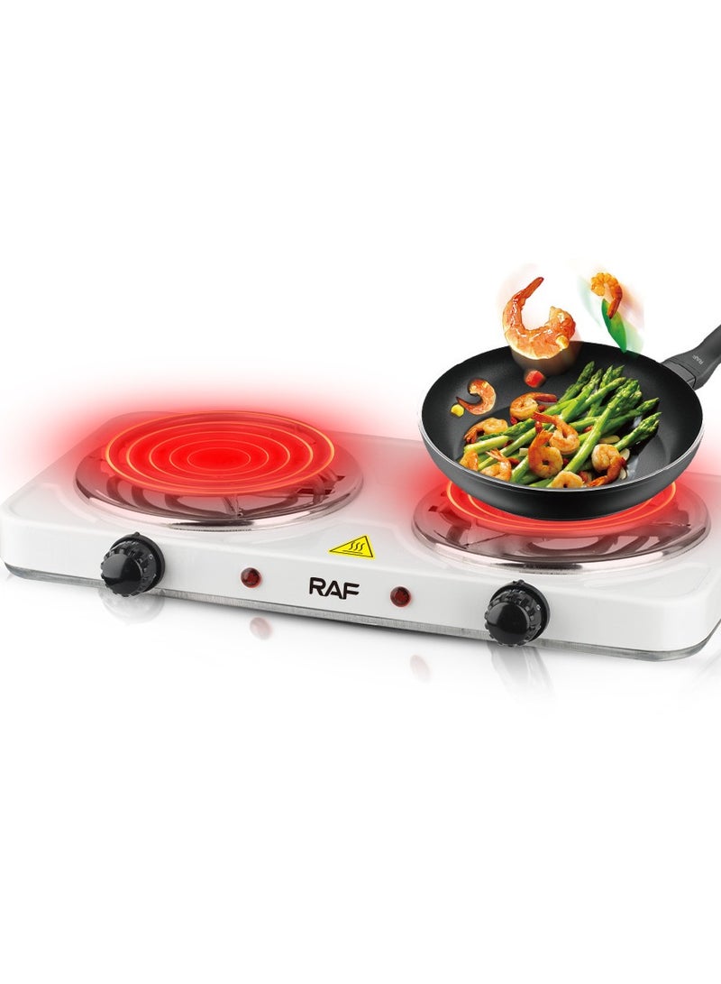 آر إيه أف موقد كهربائي مزدوج على سطح الطاولة، 2000 واط، ألواح تسخين ملفوفة من الفولاذ المقاوم للصدأ، 5 مستويات للتحكم في درجة الحرارة، مصابيح مؤشر وموقد طهي سهل التنظيف - Image 1