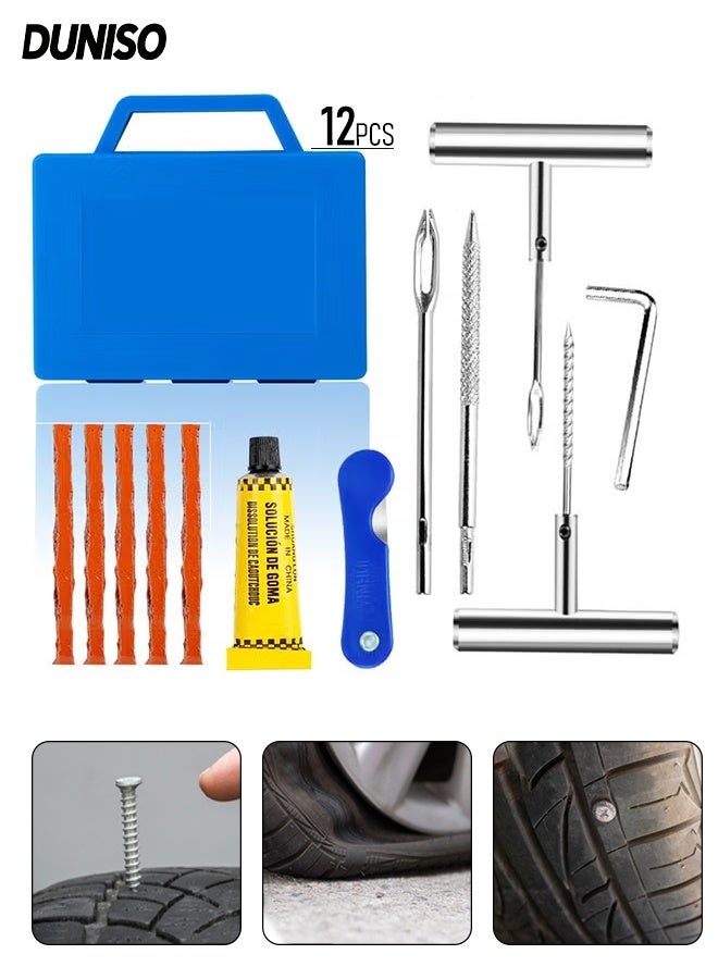 DUNISO 12 PCS Portable Vacuum Car Tire Repair Steel Kit ,Tyre Wheel Repair Tool for Auto ,Motorcycles and Bicycles ,with 5 Rubber Strips and Storage Box - Image 1