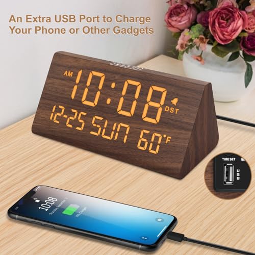 DreamSky Digital Alarm Clocks for Bedrooms - Wooden Desk Clock with Date, Day of Week, USB Port, Temperature, Dimmer for Bedside Table, Living Room, Office, Adjustable Volume, Auto DST, Wood Decor - Image 2