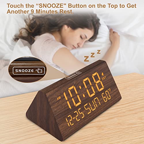 DreamSky Digital Alarm Clocks for Bedrooms - Wooden Desk Clock with Date, Day of Week, USB Port, Temperature, Dimmer for Bedside Table, Living Room, Office, Adjustable Volume, Auto DST, Wood Decor - Image 4