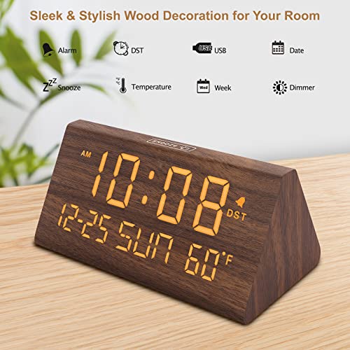 DreamSky Digital Alarm Clocks for Bedrooms - Wooden Desk Clock with Date, Day of Week, USB Port, Temperature, Dimmer for Bedside Table, Living Room, Office, Adjustable Volume, Auto DST, Wood Decor - Image 3
