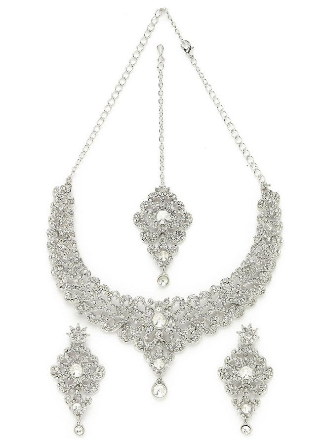 سوكهي طقم قلادة من الفضة المطلية بالروديوم من Sukkhi Awesome AD بأحجار بيضاء على شكل عظمة الترقوة مع قرط وMaangtika | طقم مجوهرات للنساء (NS105572) - Image 1