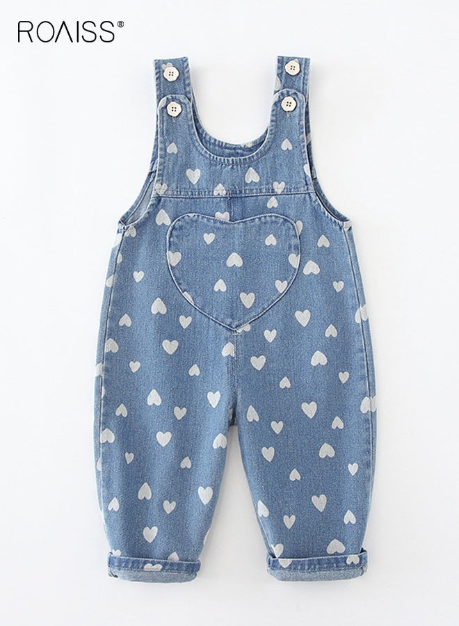 roaiss Girls Denim Overall with Button-up Shoulder Straps, Stylish Suspender Pants with Heart-shaped Pattern, Baggy Jumpsuit for Little Girls, Kids Jean Pants  - Image 1