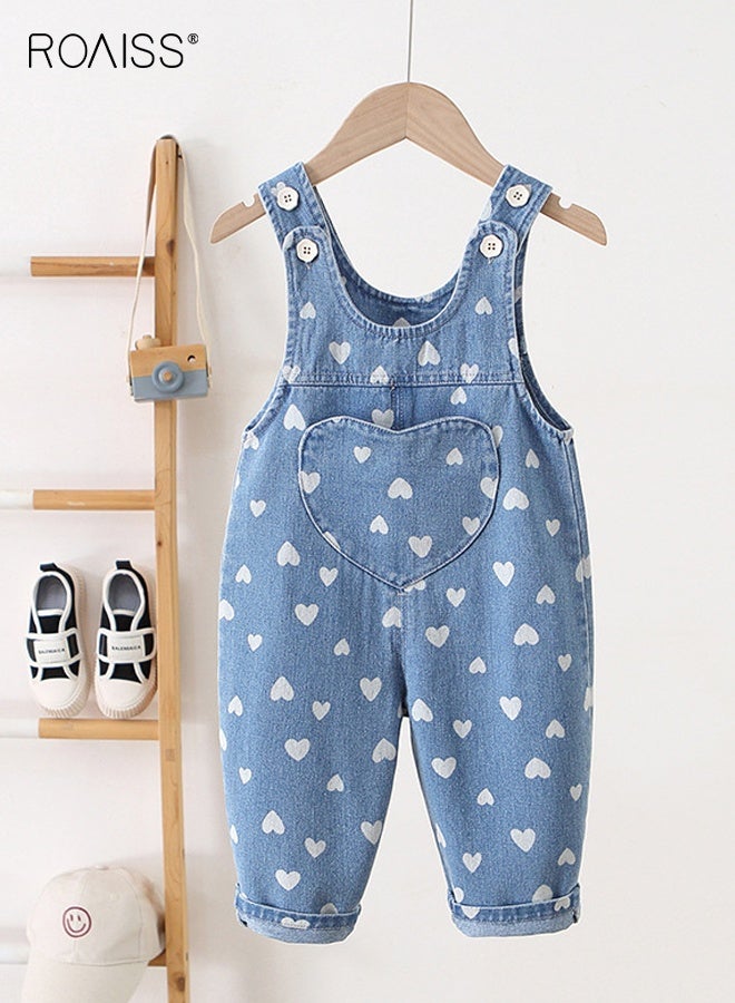 roaiss Girls Denim Overall with Button-up Shoulder Straps, Stylish Suspender Pants with Heart-shaped Pattern, Baggy Jumpsuit for Little Girls, Kids Jean Pants  - Image 2