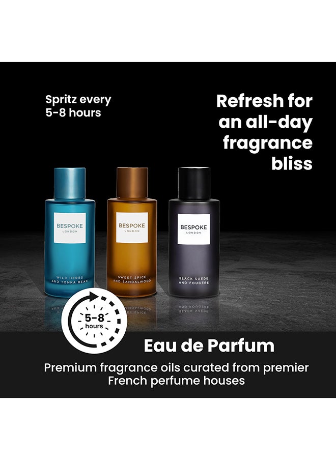 BESPOKE LONDON Premium Mens Perfume Gift Set, Black Suede, Wild Herbs, Sweet Spice, Eau De Parfum With Long Lasting Fragrance - Travel Size Mini Perfume Set, Aftershave Gift Set For Men (3 X 50Ml)  - Image 3