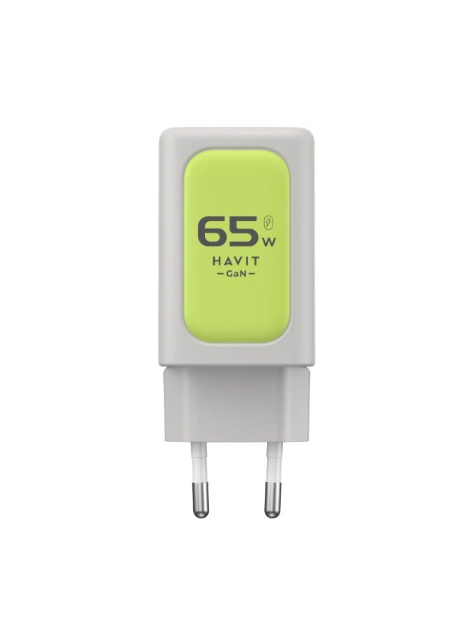 هافيت شاحن حائط HAVIT UC260 بتقنية GaN بقدرة 65 واط، مزود بمنفذي USB-C ومنفذ USB-A، يدعم الشحن السريع Power Delivery (PD) وPPS وQuick Charge، مع توزيع ذكي للطاقة، تصميم مدمج بقابس أوروبي، متوافق مع MacBook وiPhone وSamsung وiPad والأجهزة الداعمة