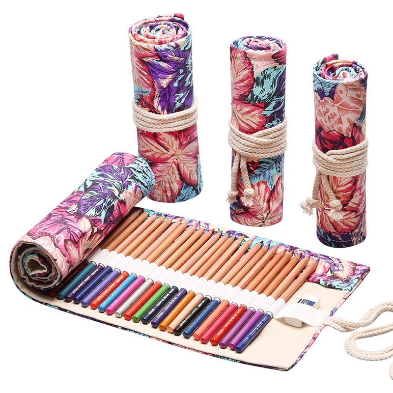 DIYOMR 243672 Slots Pencil Wrap Pencil Rolls Artist Colored Pencils Roll Up Bag Short Brushes Pouch Case Pencils Organizer for Drawing Coloring and Sketching Maple Leaves 72slots