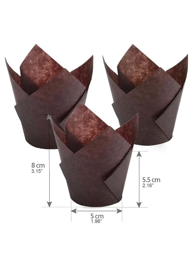جمورو 200 قطعة من أكواب ورقية للخبز على شكل زهرة التوليب، بطانات كب كيك، أكواب خبز، أغلفة مافن مصنوعة من ورق مقاوم للدهون، مثالية لحفلات أعياد الميلاد وحفلات الزفاف والمخابز والمطاعم، لون بني - Image 4