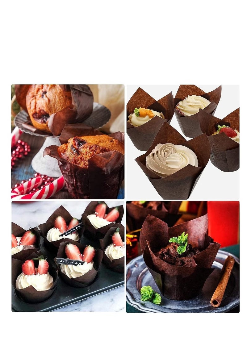 جمورو 200 قطعة من أكواب ورقية للخبز على شكل زهرة التوليب، بطانات كب كيك، أكواب خبز، أغلفة مافن مصنوعة من ورق مقاوم للدهون، مثالية لحفلات أعياد الميلاد وحفلات الزفاف والمخابز والمطاعم، لون بني - Image 5