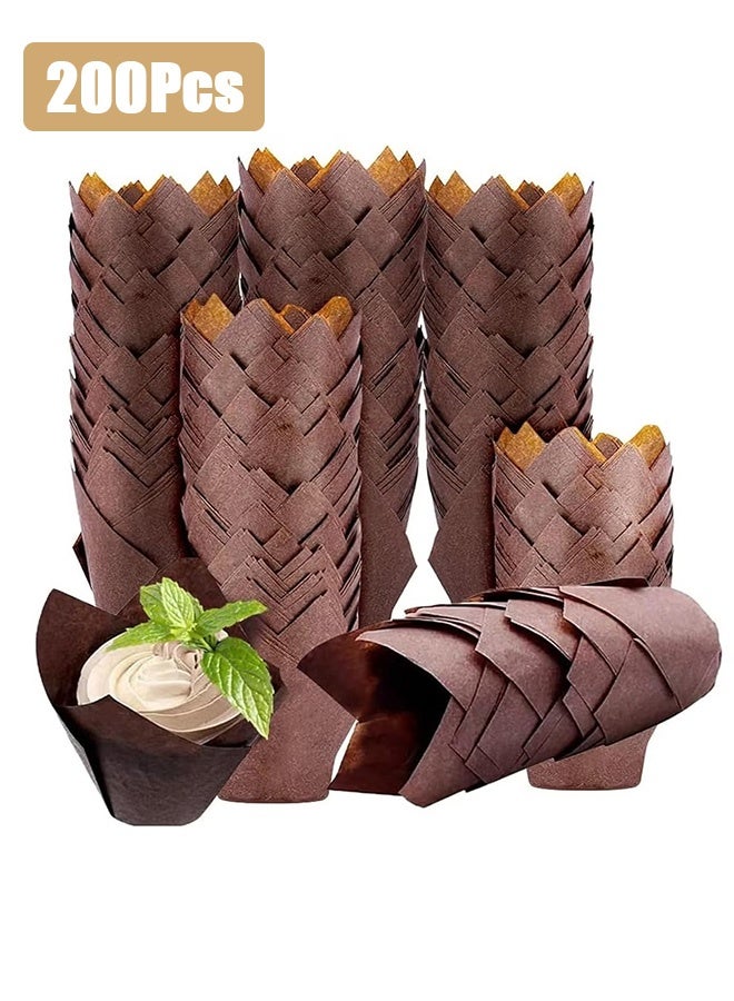 جمورو 200 قطعة من أكواب ورقية للخبز على شكل زهرة التوليب، بطانات كب كيك، أكواب خبز، أغلفة مافن مصنوعة من ورق مقاوم للدهون، مثالية لحفلات أعياد الميلاد وحفلات الزفاف والمخابز والمطاعم، لون بني - Image 1
