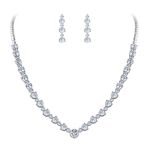 EVER FAITH Wedding Silver-Tone Clear Zircon CZ Flower Circle Necklace Earrings Set - Image 1