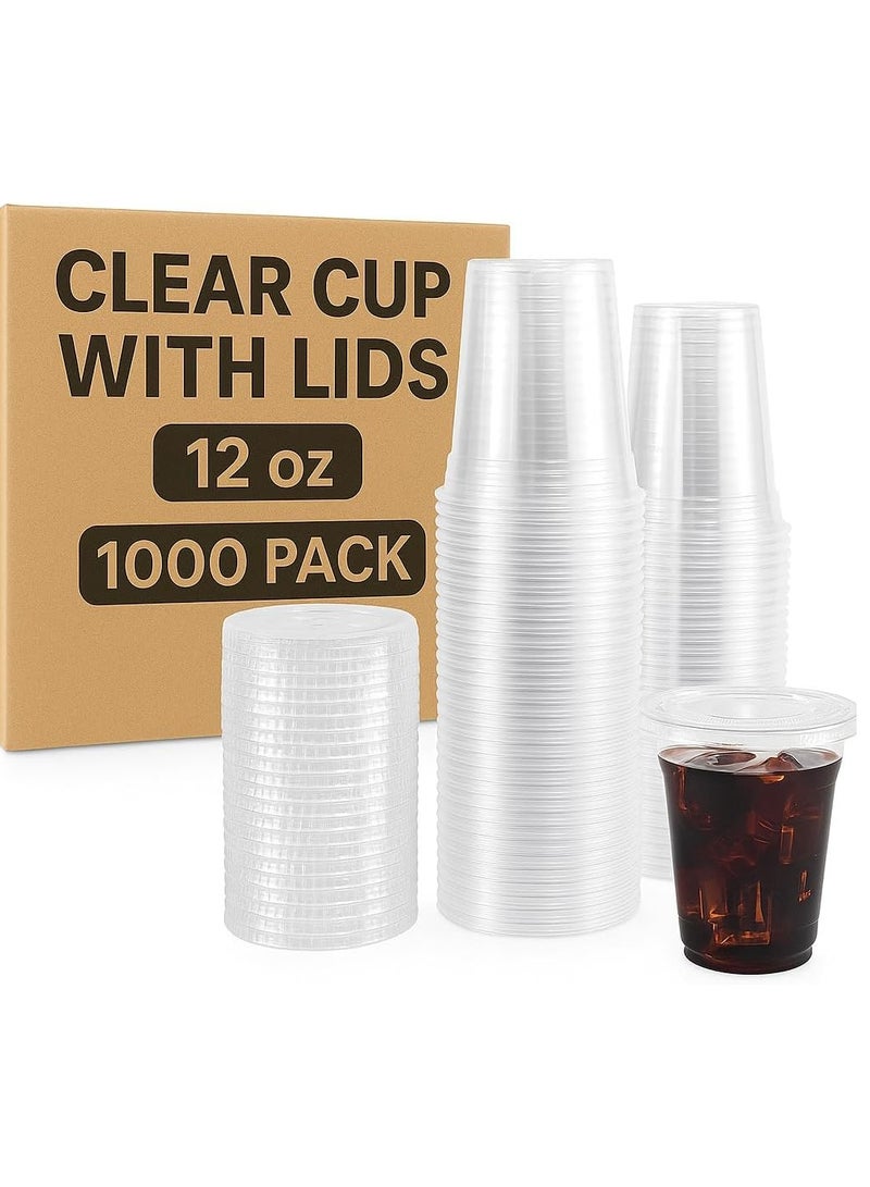 MARKQ [1000 عبوة] أكواب بلاستيكية شفافة مع أغطية مسطحة سعة 12 أونصة - أكواب عصير قابلة للتخلص منها، خالية من BPA للقهوة المثلجة، العصائر، المشروبات الباردة - مثالية للحفلات، الفعاليات، والاستخدام أثناء التنقل - Image 1