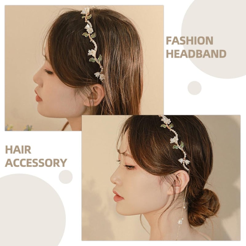 Elegant Wedding Hairpiece For Brides Pearl Hairband With Flower Design And Tassel - Image 4