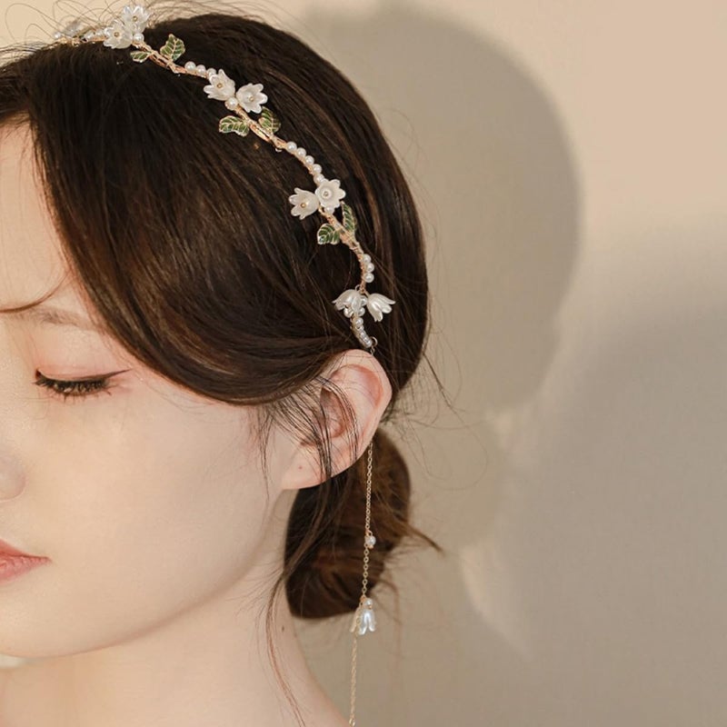 Elegant Wedding Hairpiece For Brides Pearl Hairband With Flower Design And Tassel - Image 5