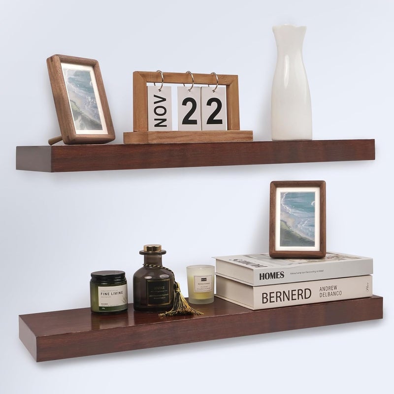Craftware Floating Shelves 24 Inch Wall Shelf Set of 2 Rustic Wood Shelves for Wall Storage Wall Mounted Walnut - Image 1