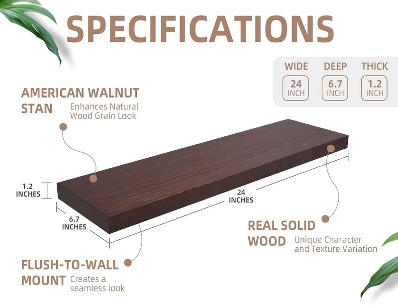Craftware Floating Shelves 24 Inch Wall Shelf Set of 2 Rustic Wood Shelves for Wall Storage Wall Mounted Walnut - Image 4
