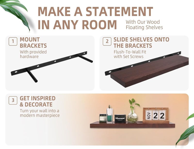 Craftware Floating Shelves 24 Inch Wall Shelf Set of 2 Rustic Wood Shelves for Wall Storage Wall Mounted Walnut - Image 5