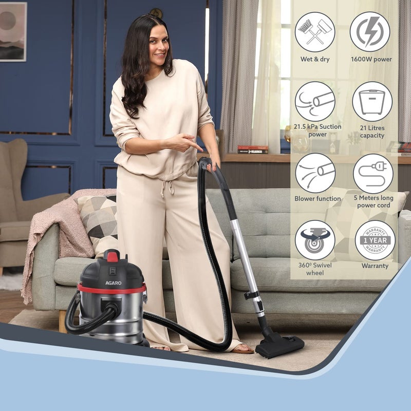 AGARO Ace 1600 Watts 215 Kpa Suction Power 21 litres Wet Dry HEPA Filter Vacuum Cleaner with Blower Function and Washable Dust Bag Regal Plus Upright Vacuum Cleaner 2in1 800 Watts - Image 3
