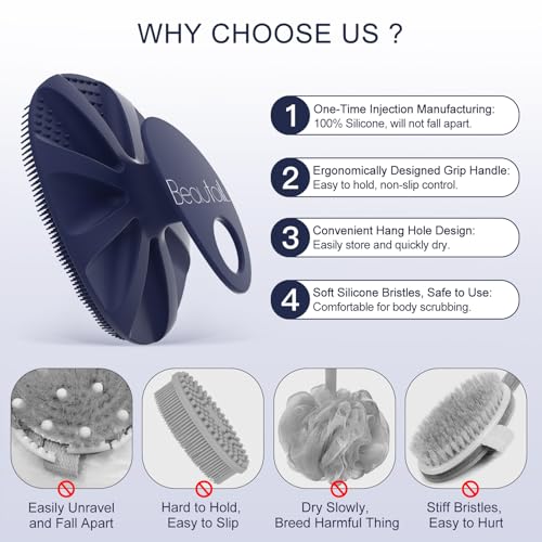BEAUTAIL Silicone Body Scrubber Shower Bath Wash Brush Gentle Exfoliating Scrub Cleansing Loofah for Women Men Baby Sensitive Skin, Easy to Clean, Lather Nicely, More Hygienic, 1 Pack, Blue - Image 2