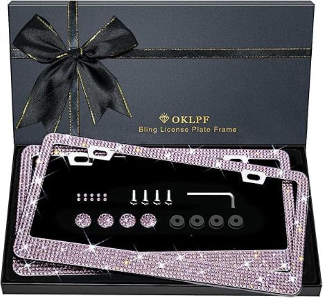 OKLPF Bling License Plate Frame for Women, 2PCS Sparkly License Plate Frames| Over 1200 pcs14 Facets Bedazzled Clear Glass Diamond Rhinestone Crystals w/Free Glitter Diamond Box (Pink) Multi-use qualified quality - Image 1