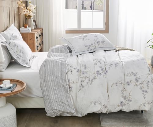 SLEEPBELLA Comforter King Size 600 Thread Count Cotton White Printed with Purple Botanical Comforter SetDown Alternative Bedding Set 3PcsKing Purple Botanical - Image 3