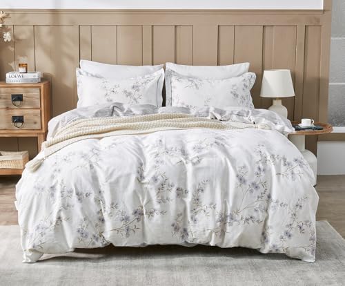 SLEEPBELLA Comforter King Size 600 Thread Count Cotton White Printed with Purple Botanical Comforter SetDown Alternative Bedding Set 3PcsKing Purple Botanical - Image 1