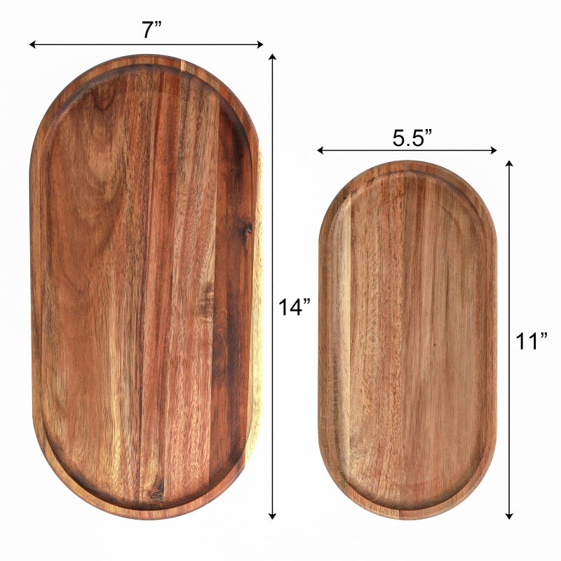 Elsjoy Elsjoy Set of 2 Acacia Wooden Serving Trays  Natural Wood Serving Platters Set with Lip  Oval Charcuterie Plates Board Rustic Long Bread Fruit Dishes for Kitchen Decor  14""x7"" and 11""x5.5""  - Image 2