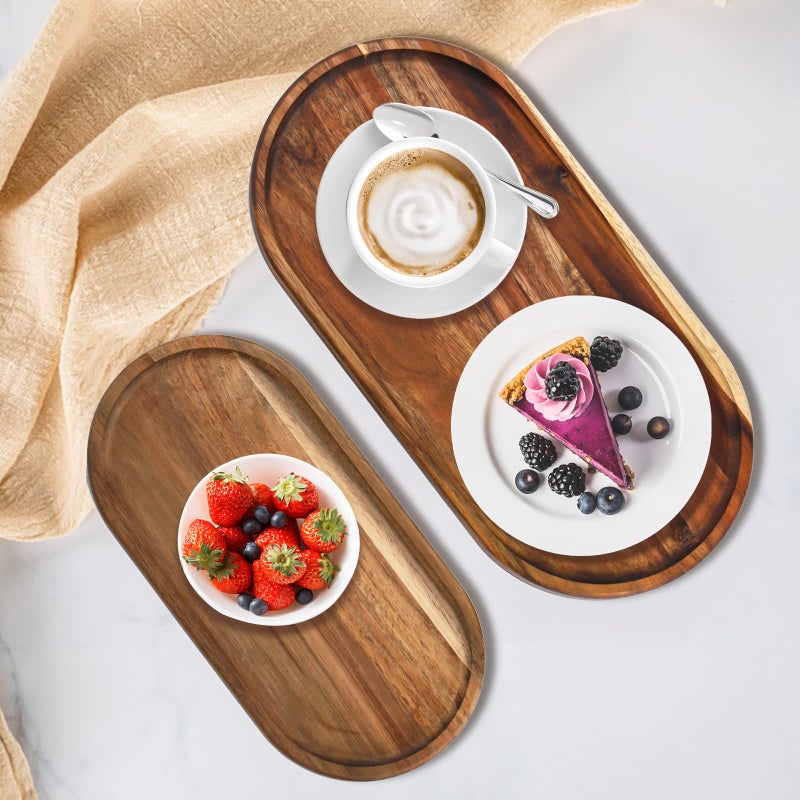 Elsjoy Elsjoy Set of 2 Acacia Wooden Serving Trays  Natural Wood Serving Platters Set with Lip  Oval Charcuterie Plates Board Rustic Long Bread Fruit Dishes for Kitchen Decor  14""x7"" and 11""x5.5""  - Image 4
