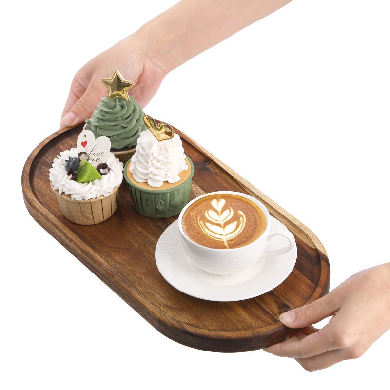 Elsjoy Elsjoy Set of 2 Acacia Wooden Serving Trays  Natural Wood Serving Platters Set with Lip  Oval Charcuterie Plates Board Rustic Long Bread Fruit Dishes for Kitchen Decor  14""x7"" and 11""x5.5""  - Image 3