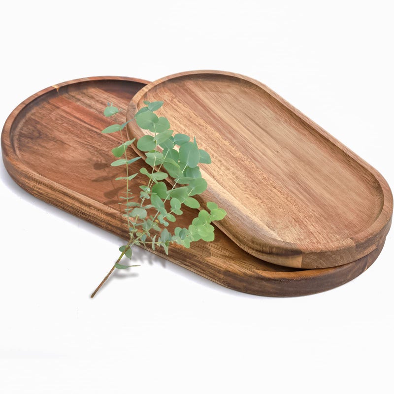 Elsjoy Elsjoy Set of 2 Acacia Wooden Serving Trays  Natural Wood Serving Platters Set with Lip  Oval Charcuterie Plates Board Rustic Long Bread Fruit Dishes for Kitchen Decor  14""x7"" and 11""x5.5""  - Image 1