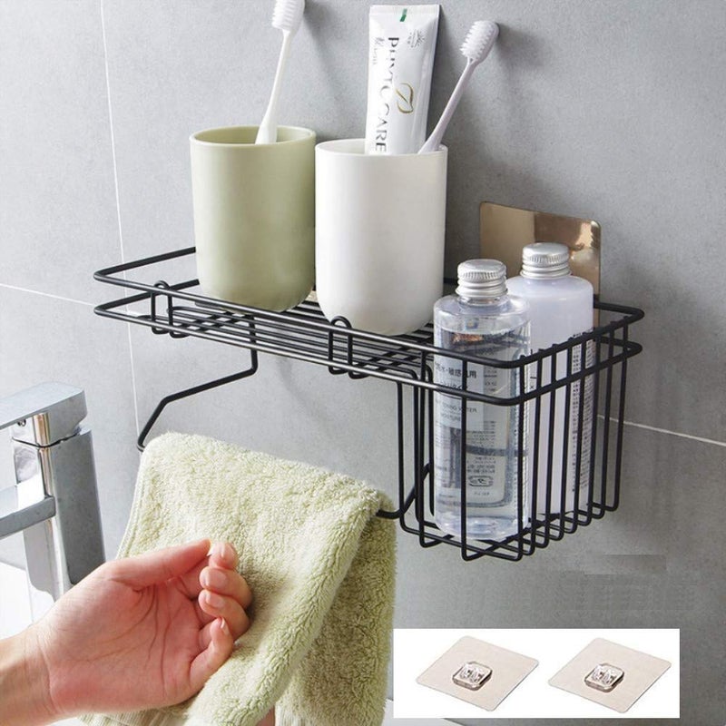 Rasikvar Multipurpose Bathroom Shelf Holder Wall Mounted Kitchen Storage Rack Basket No Drilling Sticky Self Adhesive Strong Magic Sticker Shower Caddy Shelves with Towel Holder Black - Image 3