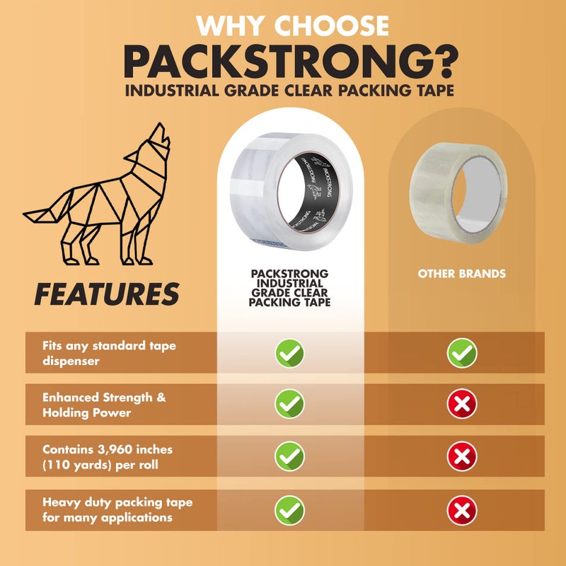 Packstrong Industrial Grade Clear Packing Tape 6 Rolls - 110 Yards per Roll - 3" Wide x 2.0 mil Thick, Acrylic Adhesive Heavy Duty Tape for Box Office Moving Packaging Shipping - Image 4