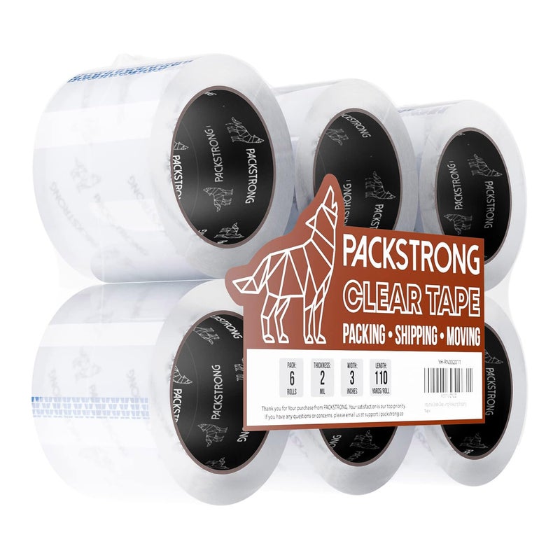 Packstrong Industrial Grade Clear Packing Tape 6 Rolls - 110 Yards per Roll - 3" Wide x 2.0 mil Thick, Acrylic Adhesive Heavy Duty Tape for Box Office Moving Packaging Shipping - Image 1
