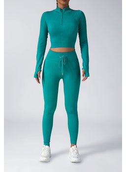 Seamless Yoga Set Zip Jacket Drawstring Pants Green Top Trousers suit
